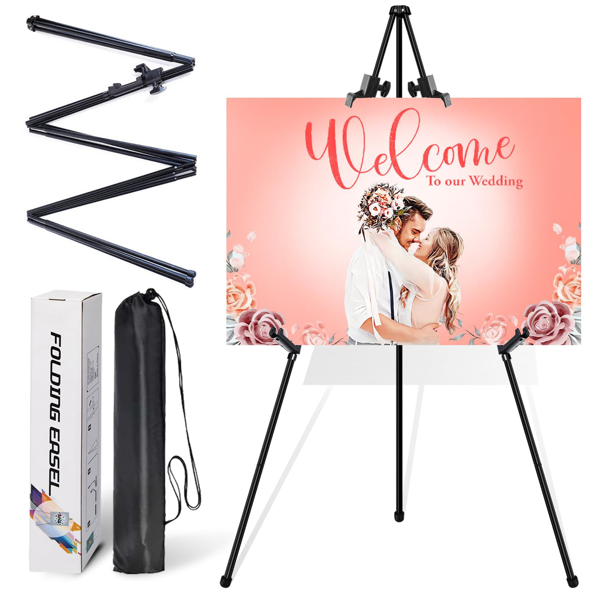 VAIIGO Metal Easel 168cm, Foldable & Height-Adjustable - Poster Easel Stand with Clamps for Weddings/Poster Displays with Bag (Black 01, 1 Piece)