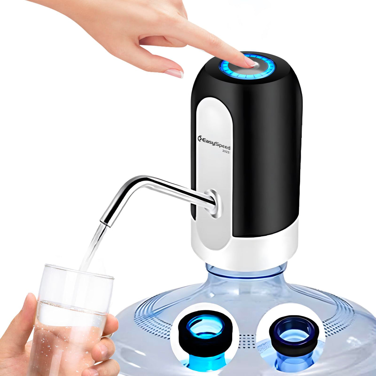 EASYSPEED Automatic Cold Water Dispenser, 1200mAh Electric USB Water Tap Pump, Portable Electric with 2 Adapters for 3, 5, 8, 10, 13, 15, 18 Liter Bottles and Carafes, Black