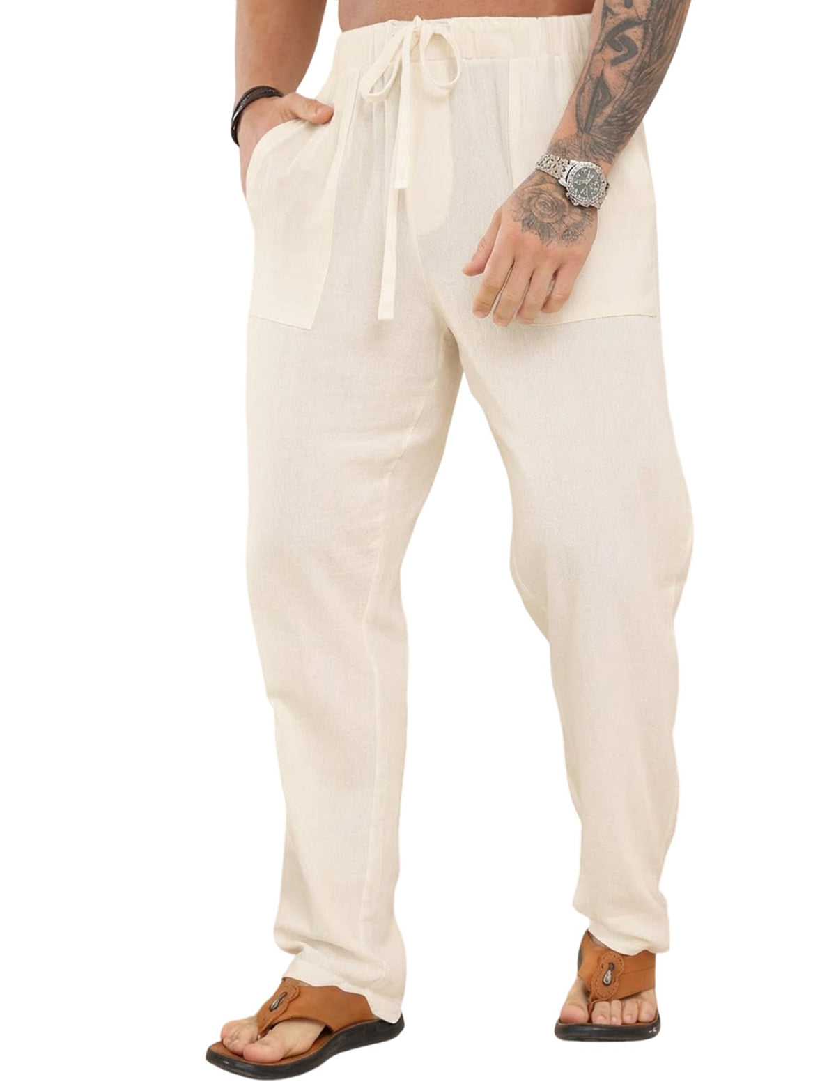 Pantaloni lejeri de vară din in pentru bărbați cu șnur și buzunare – Bej 4XL