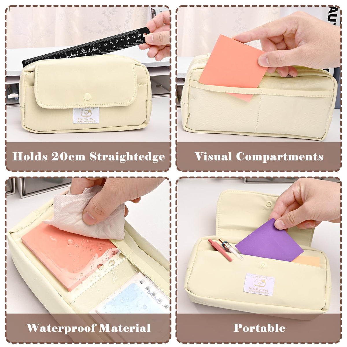 Large Waterproof Pencil Case Oxford Canvas 3-Compartment Multifunctional – Beige