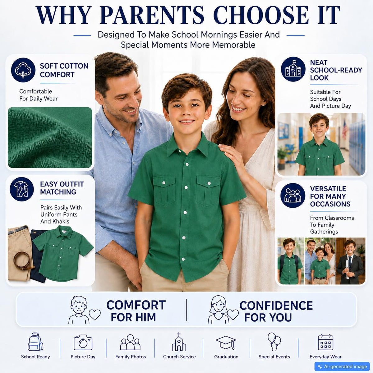 Boys' School Shirt Short-Sleeve Button Placket – Dark Green 12