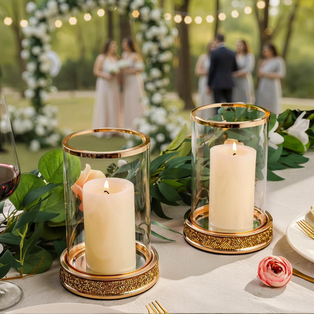 Glass Crystal Pillar Hurricane Candle Holders Tempered Panes Table Wedding Decor – Gold Small 2-Pack