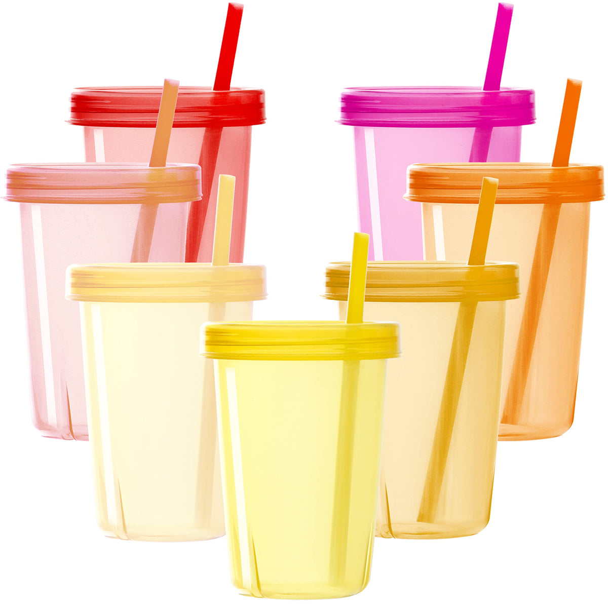 Youngever 7 Pack Kids Cups with Straw, 7 Reusable Plastic Toddler Cups with Lid Straw (Pink)