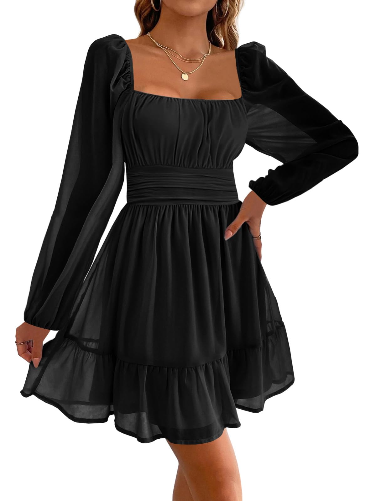 Imily Bela Women's Dresses Square Neck Party Dress Mesh Mini Dress High Waist Pleated Long Sleeve Dress Wedding Guest with Ruffles (Black, S)