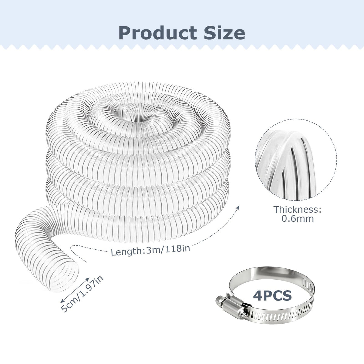 Furtun spiralat flexibil transparent din PVC pentru aspirare praf și rumeguș 50 mm