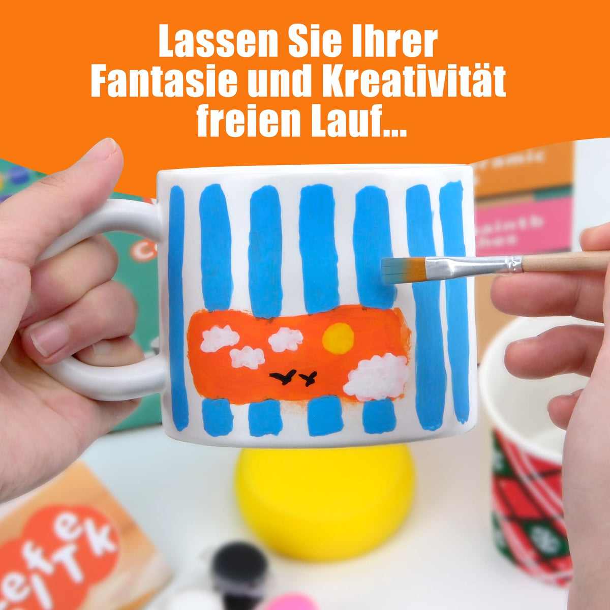DIY Ceramic Painting Set 2 Mugs 12 Colours 4 Brushes 2 Palettes – 2 Mugs
