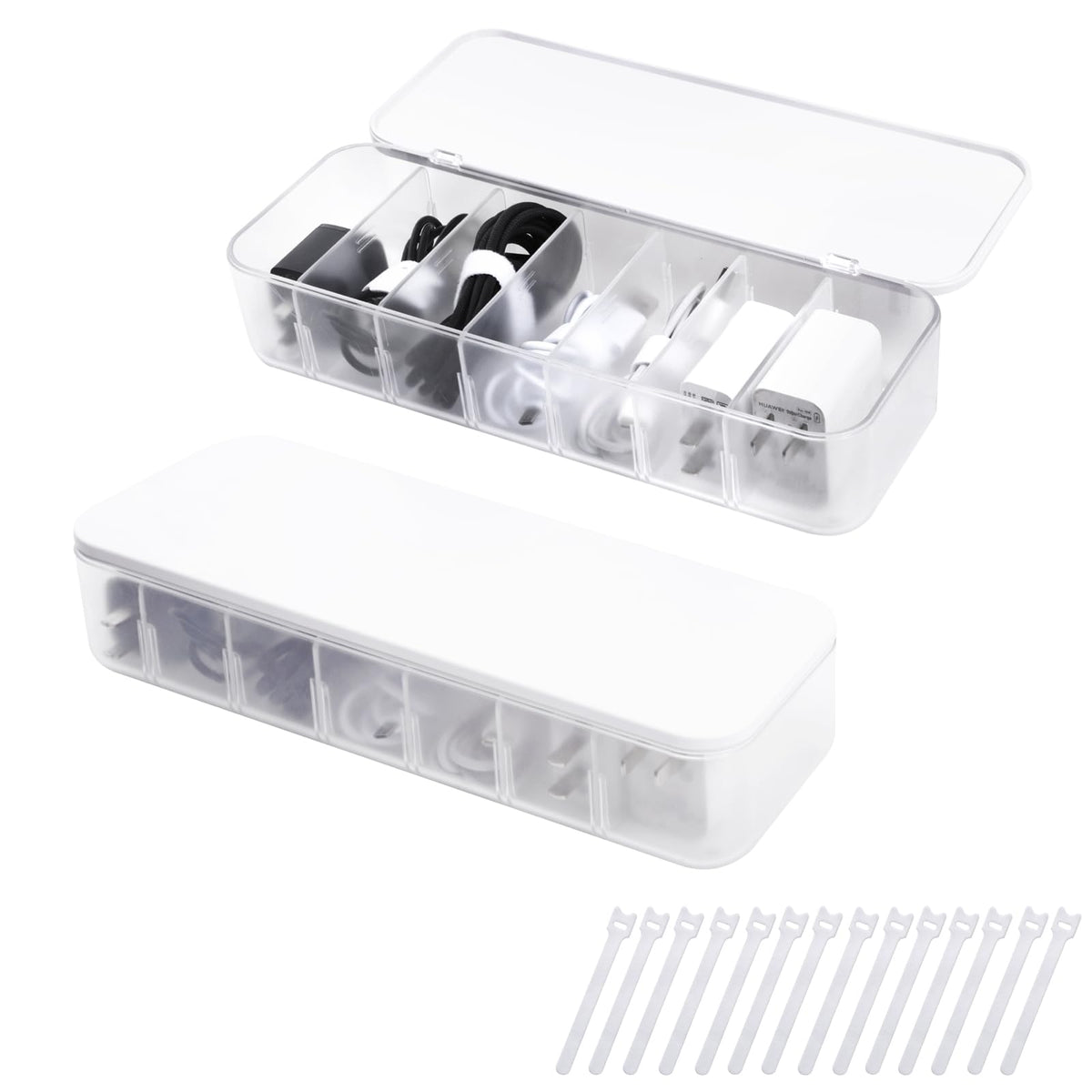 FRETONBA Cable Storage Box 2 Pack, Transparent Cable Organizer Box with 7 Compartments and 14 Cable Ties for Storage on the Desk (Office)
