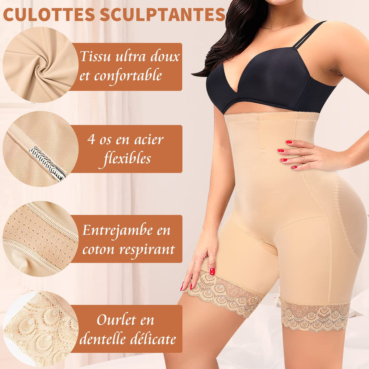 Women's Tummy Control Panties, Flat Tummy Control, Invisible Shapewear, High Waist, Anti-Chafing, Thigh Shapewear, Lace, Shorts, #1 Beige, 48