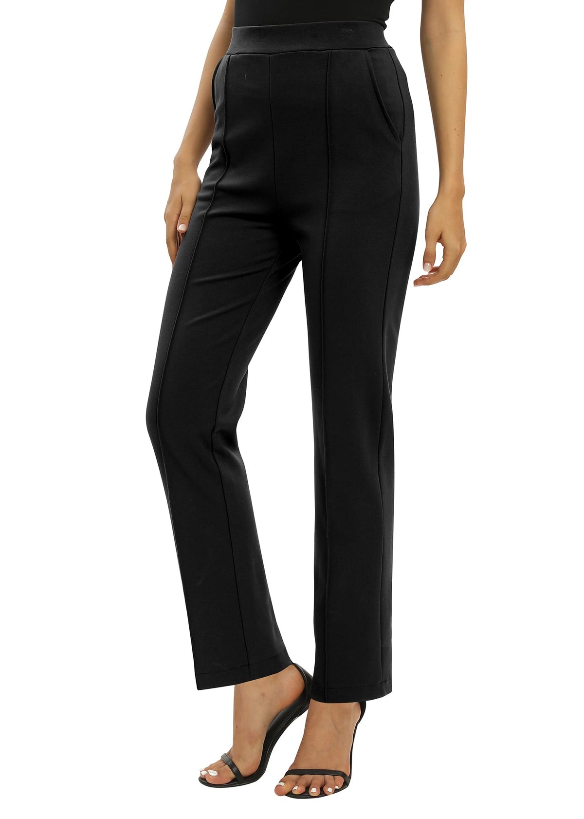 Pantaloni office damă EXCHIC drepți cu talie elastică și buzunare – Negru XL
