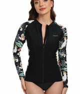 Women’s Rash Guard Full‑Zip Long Sleeve UPF50+ Quick‑Dry – Black Leaves 3XL