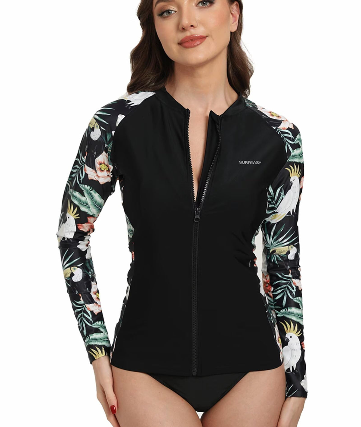 Women’s Rash Guard Full‑Zip Long Sleeve UPF50+ Quick‑Dry – Black Leaves 3XL