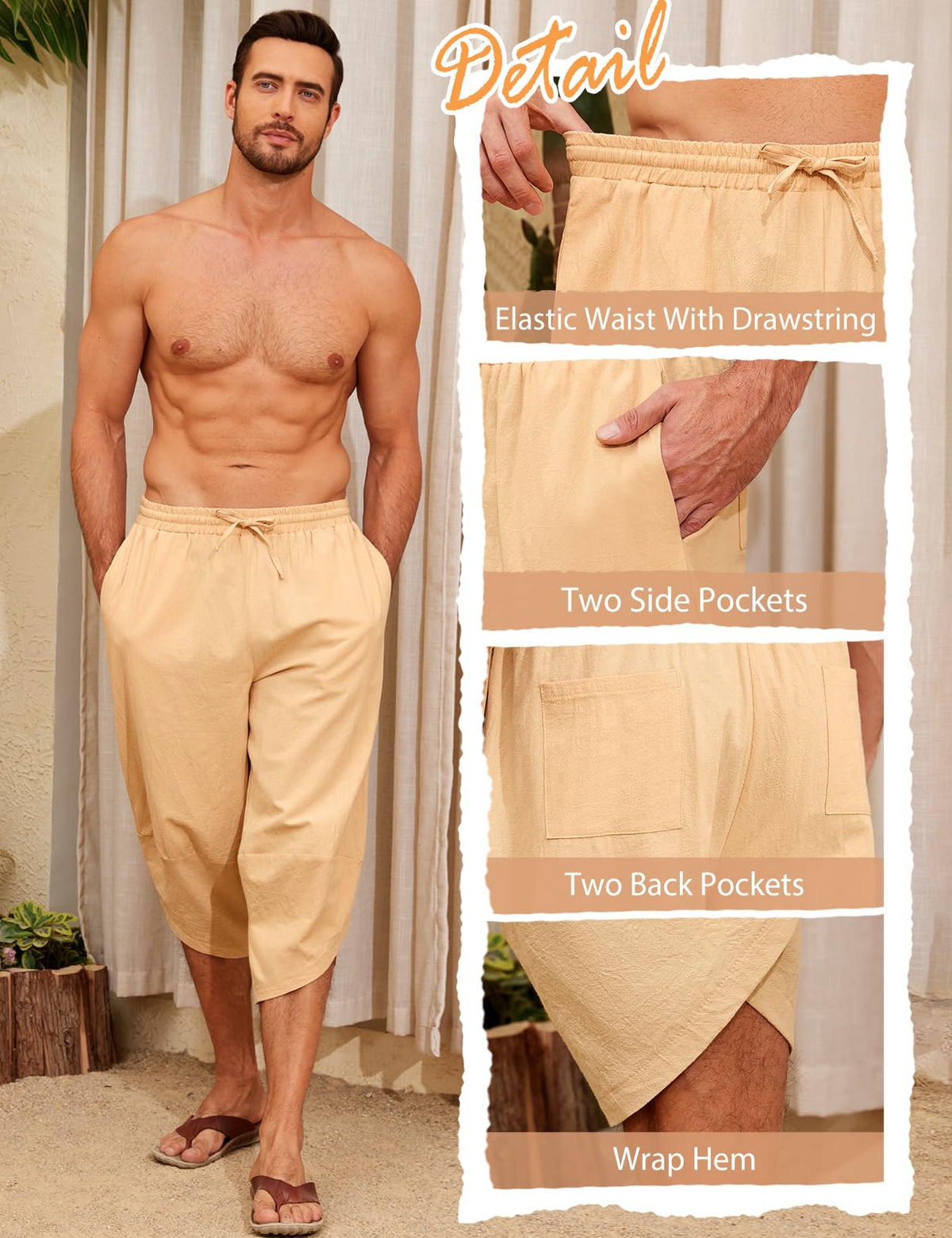 Men's 3/4 Lightweight Summer Trousers Baggy Cotton Harem with Drawstring & Pockets – M