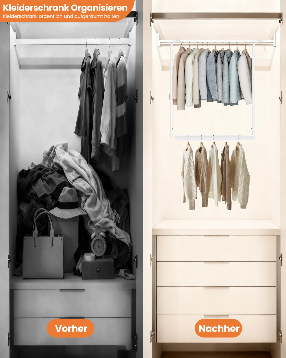 Extendable Height-Adjustable No-Drill Wardrobe Rail 40–72cm Width – White