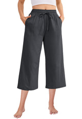 Linen Wide Leg 3/4 Trousers Women's High Waist Lightweight with Pockets – Beige
