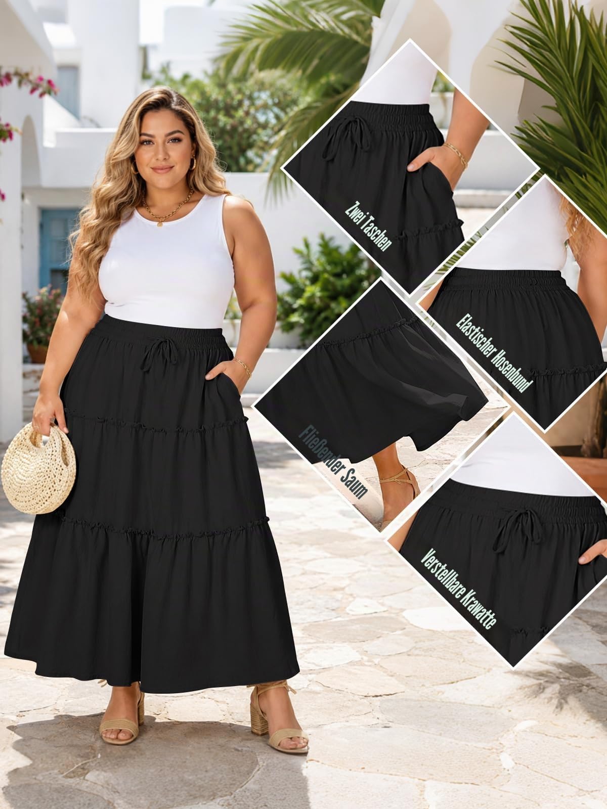 Women's Maxi Skirt Stretch High Waist Pleated with Pockets – Black 4XL
