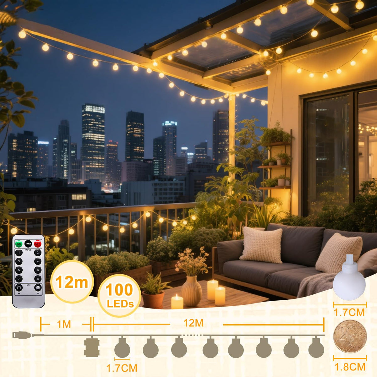 100 LED Warm White Ball Fairy Lights with Remote & Timer – 12m/39ft Indoor Outdoor