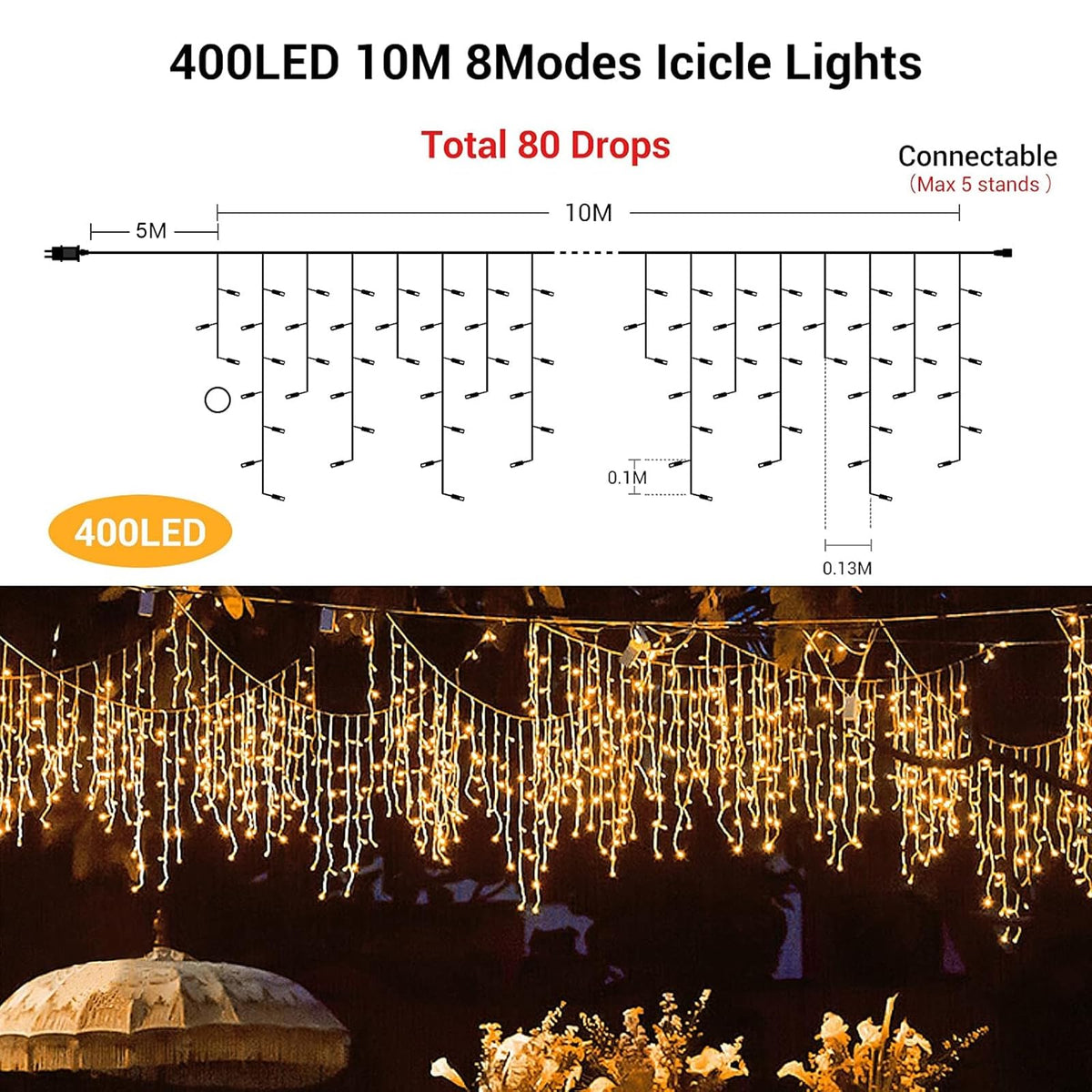 GlobaLink 400 LED fairy lights icicle, 10M light curtain outside extendable rain light chain icicle IP44 fairy lights outside and inside decoration for roof balcony Christmas party wedding - warm white