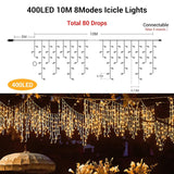 GlobaLink 400 LED fairy lights icicle, 10M light curtain outside extendable rain light chain icicle IP44 fairy lights outside and inside decoration for roof balcony Christmas party wedding - warm white