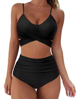 RXRXCOCO Women's Wrap Push Up Bikini Top with Tummy Control High Waist Bikini Set Swimwear Black Size XL