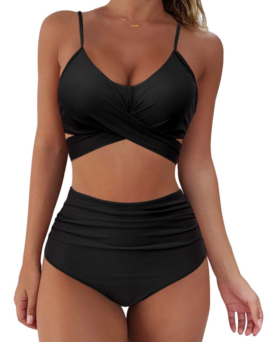RXRXCOCO Women's Wrap Push Up Bikini Top with Tummy Control High Waist Bikini Set Swimwear Black Size XL