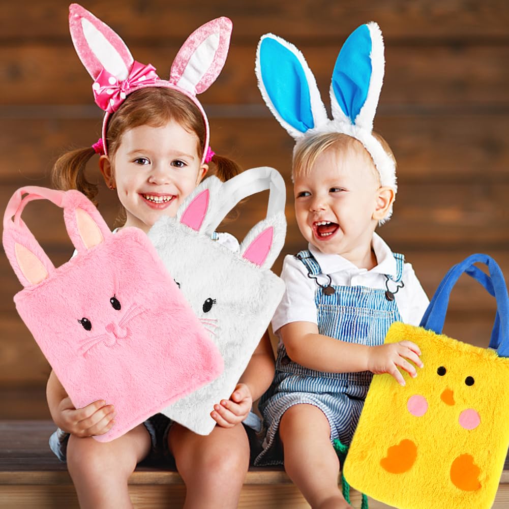 Punguțe cadou de Paște din pluș cu iepuraș, set 3 bucăți cu mânere – Multicolor