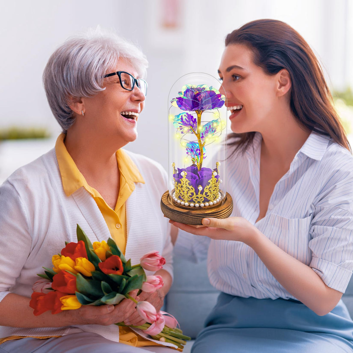 Hemiro Eternal Rose in a Glass, Mother's Day Gifts for Mom, Rose in a Glass with LED in a Glass Dome, Gifts for Women, Mom, Grandma, Girlfriend (Purple)