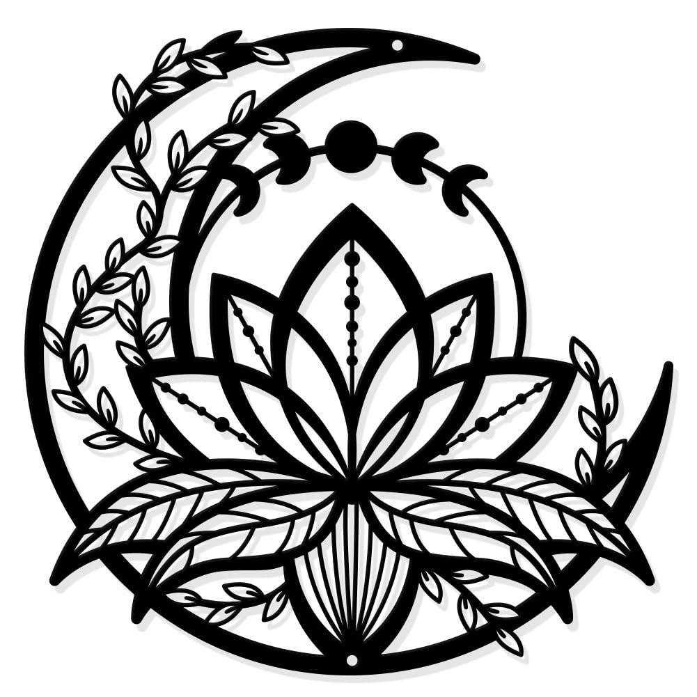 Decorațiune metalică de perete Faze Lunare și Lotus 30x30 cm – Negru Mat