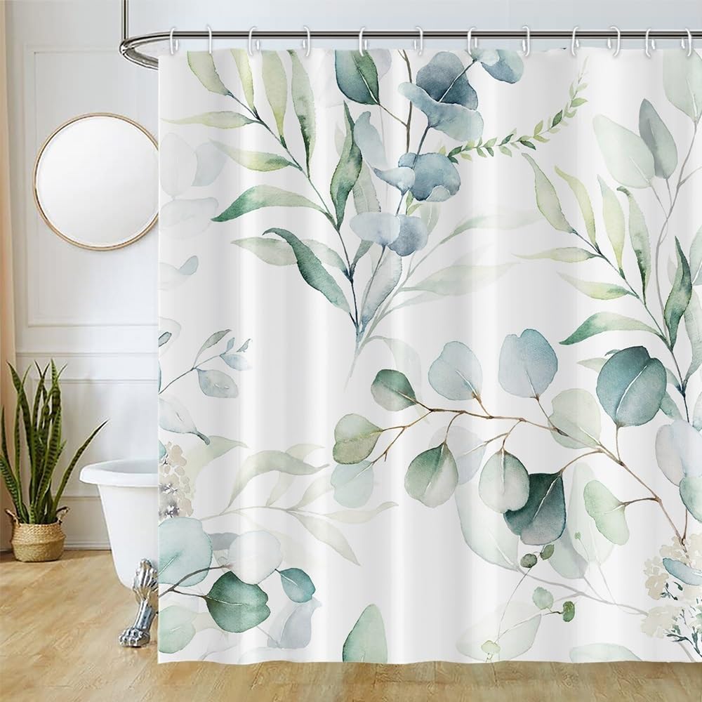 Eucalyptus Shower Curtain Waterproof Polyester 180x180cm Anti-Mould Washable – Blue/White