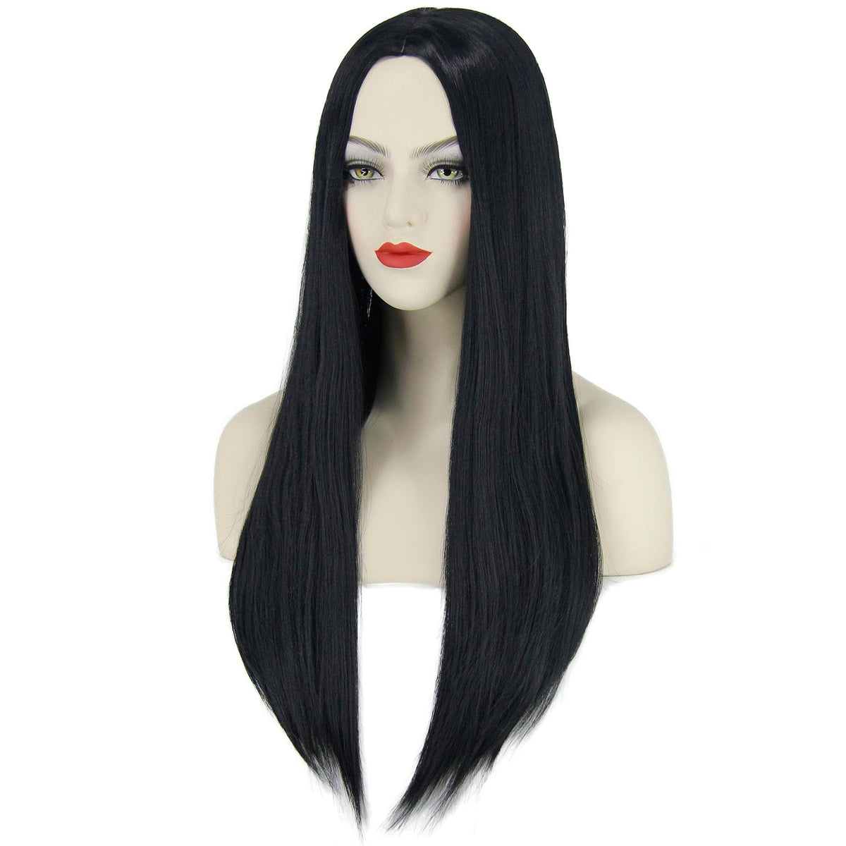 Women's Long Straight Black Wig with Necklace – Addams Costume Halloween
