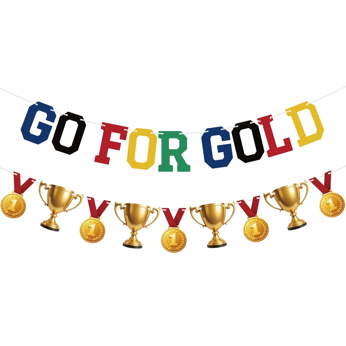 Sports Party Garland Set Pre-Strung 'Go for Gold' Medals & Trophies Decorations – Gold