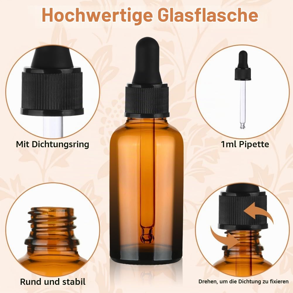 Amber glass dropper bottles 30ml pack with droppers & funnel accessories – 30ml 6-pack