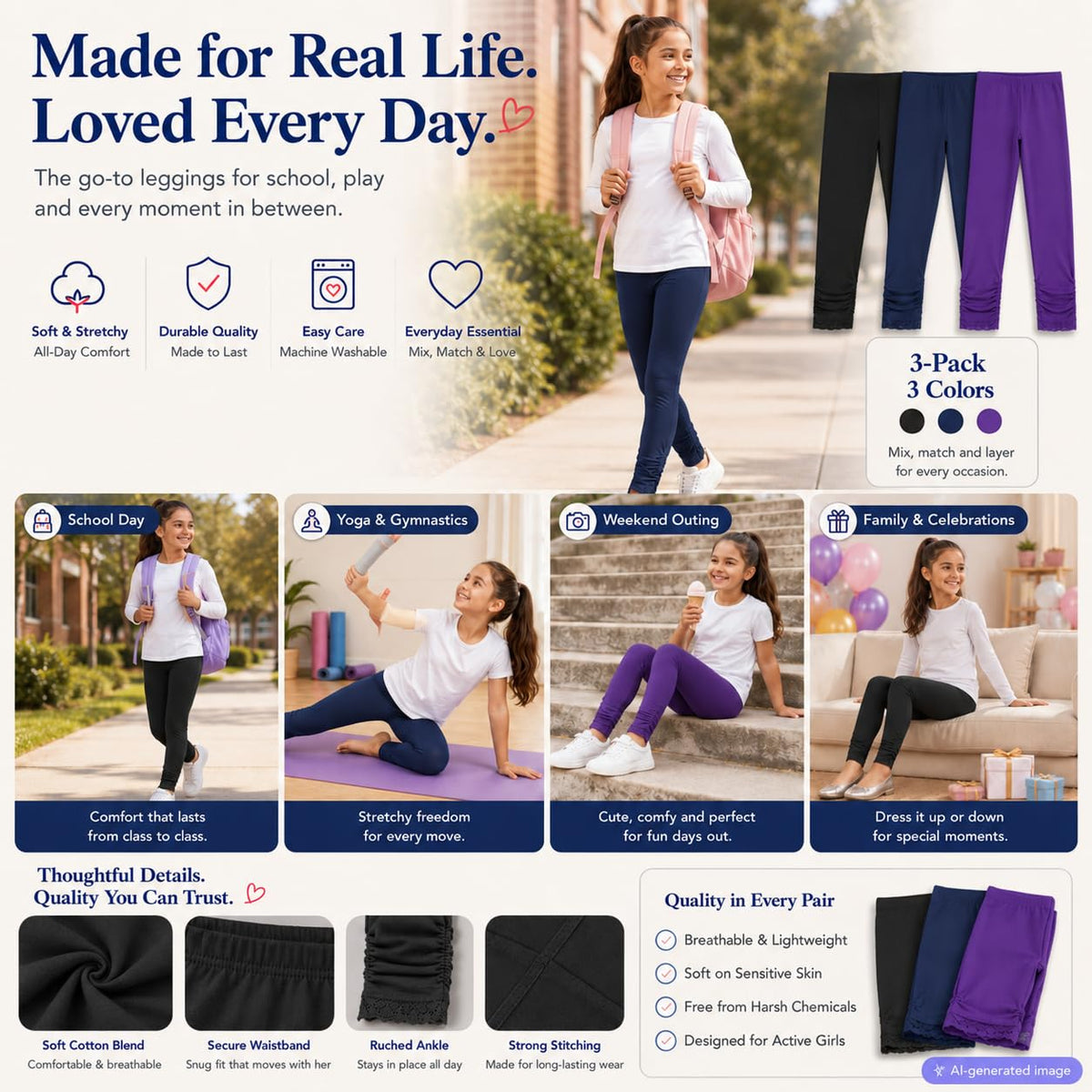 Girls Yoga Leggings 3-Pack Stretch for Dance Gym School – K7