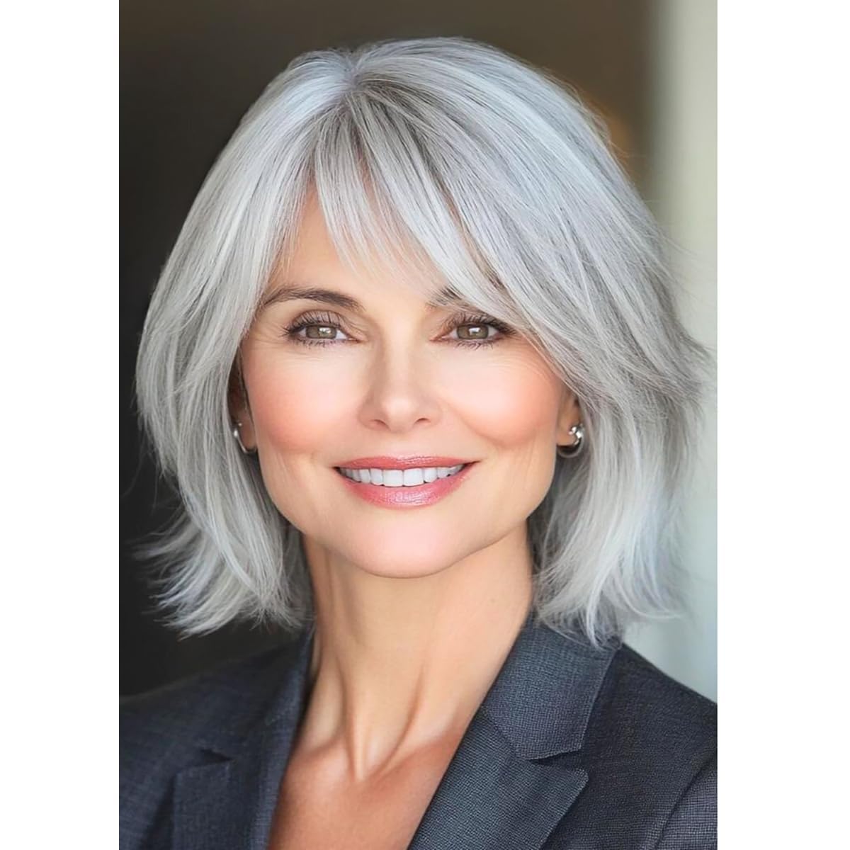 Qnbiar Women's Straight Wig Synthetic Hair with Bangs – Grey