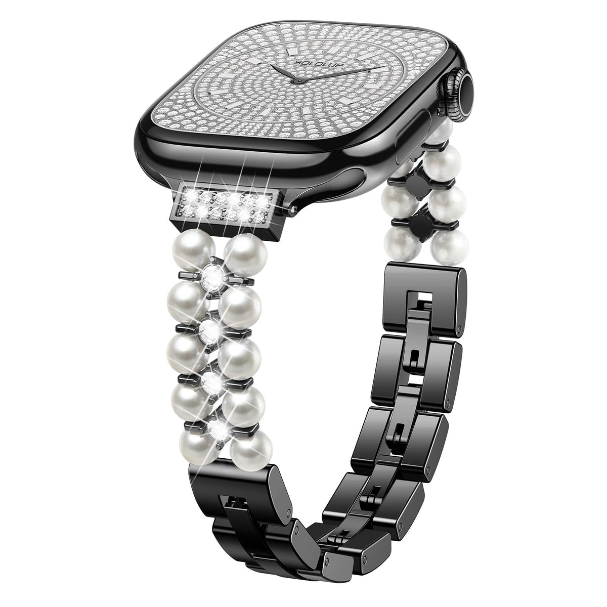 Apple Watch Beaded Metal Bracelet Adjustable Slim Band – Black 38/40/41/42/44mm