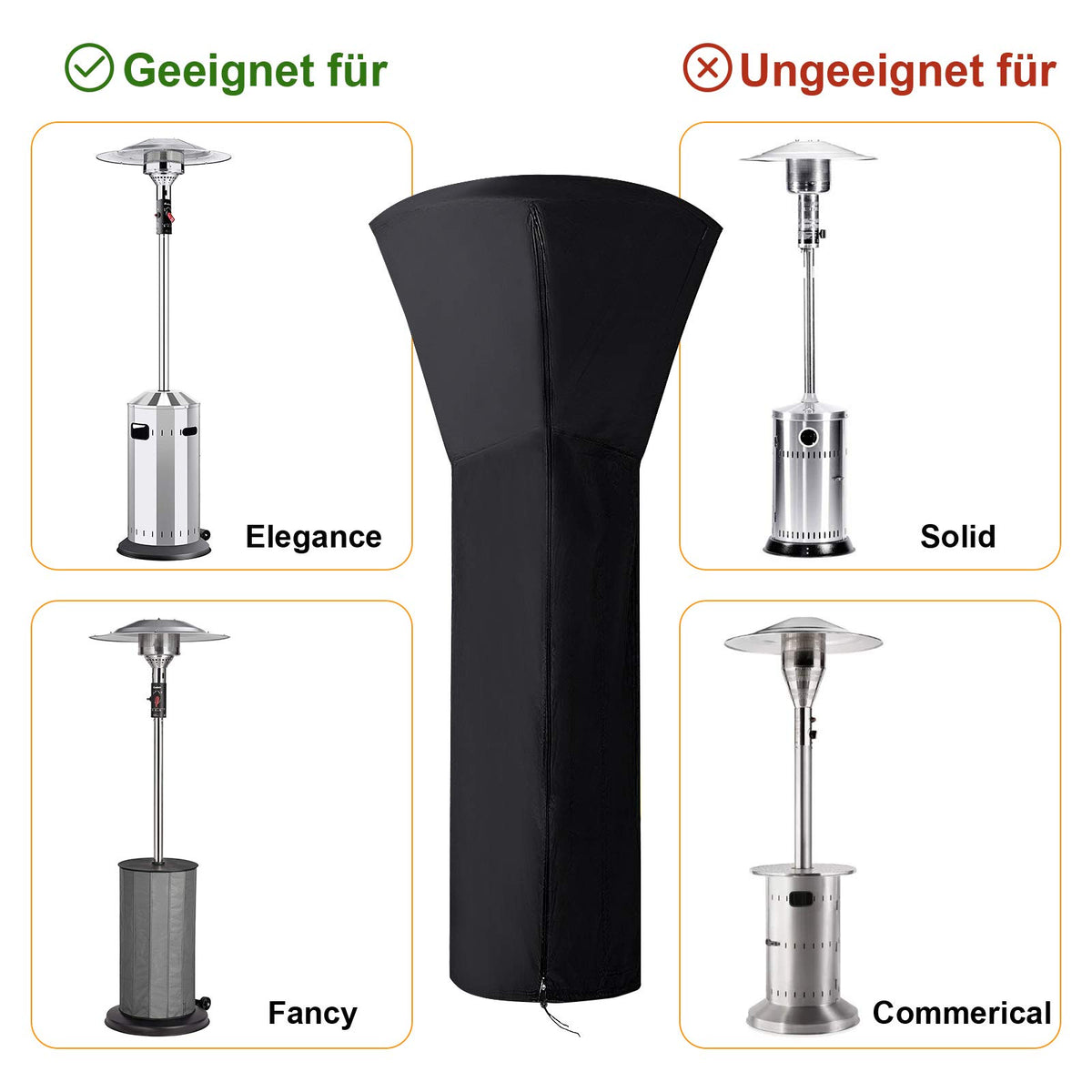 Heater Cover Protective Cover for Patio Heater, 226x89x48 cm Weather Protection Cover with Long Zipper, Water-Repellent Windproof UV-Resistant Cover for Patio Heater, Black