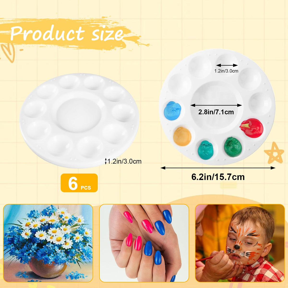 Round Plastic Mixing Palette 6-piece 15.8cm 11 Mixing Areas for Paints – White