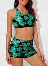 Set costum de baie tankini 3 piese top push-up și pantaloni scurți talie înaltă – Negru S