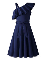 Girls' One-Shoulder Party Dress Ruffle Collar with Belt – Navy 9-10 Years