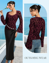 Women's Long Sleeve Mesh Blouse Sheer Round Neck Printed – Brown S