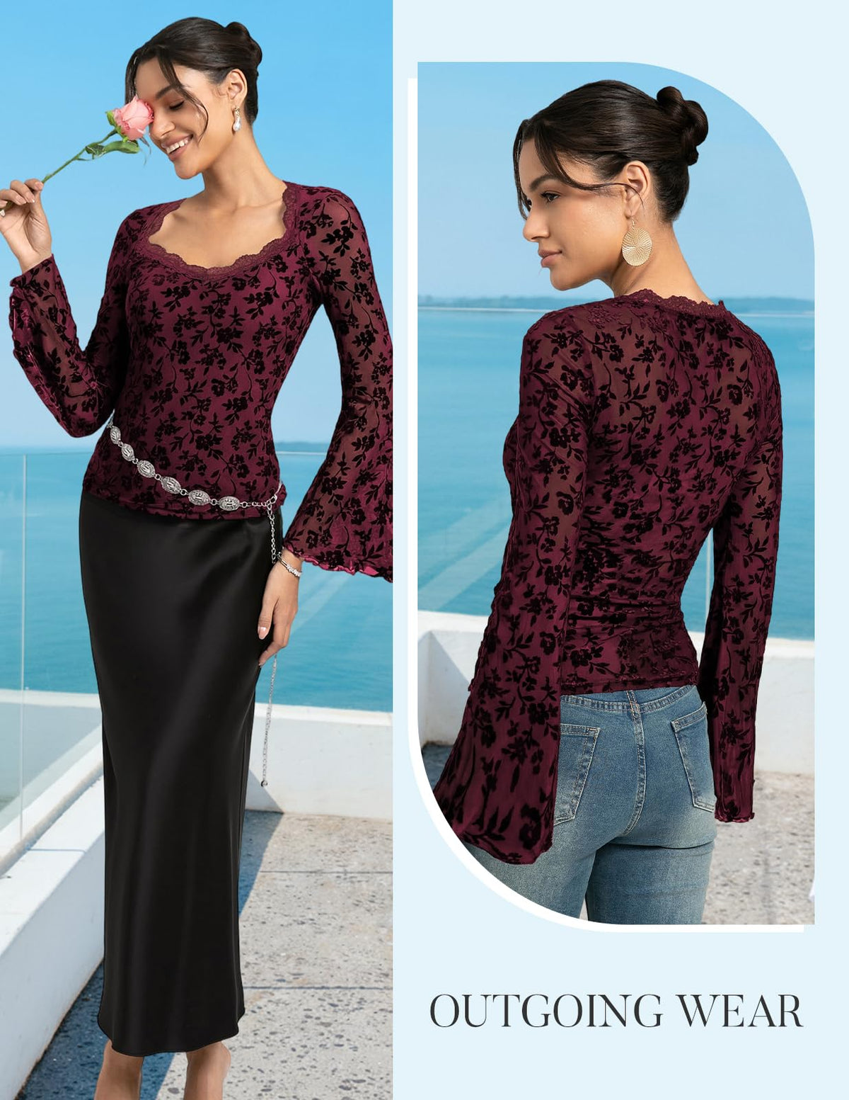 Women's Long Sleeve Mesh Blouse Sheer Round Neck Printed – Brown S