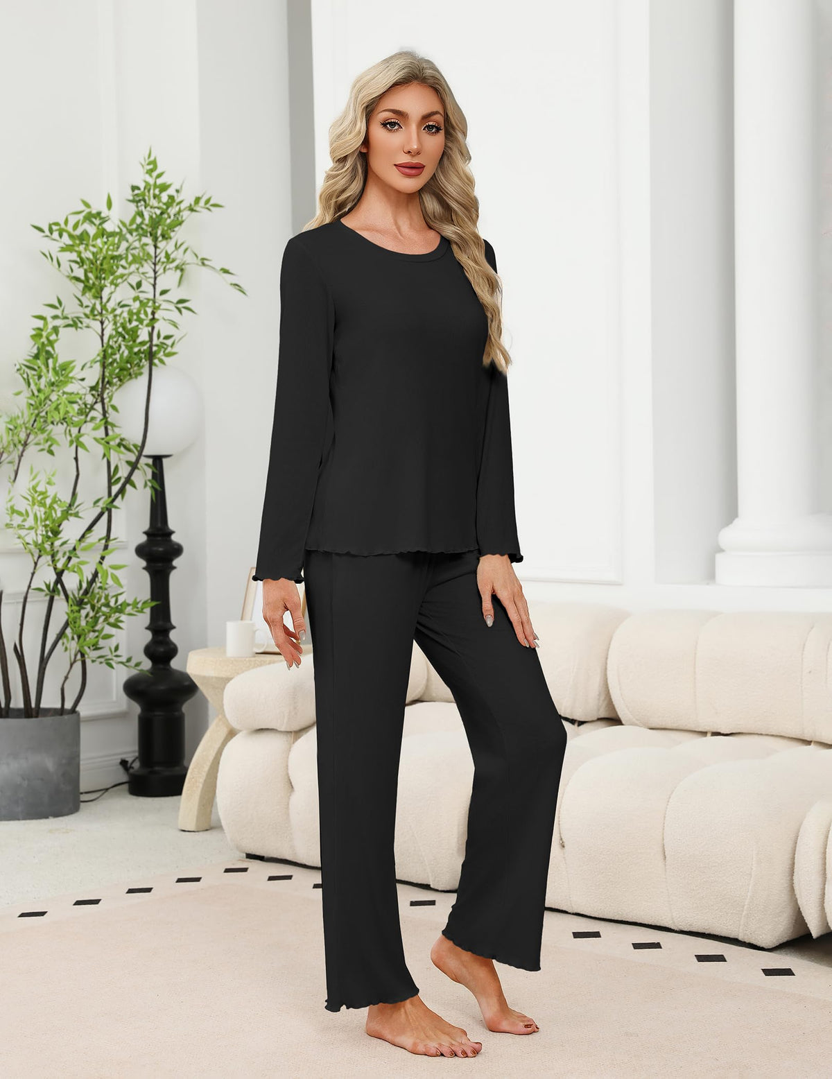 Ekouaer Women's Long Pyjama Set Warm Lounge Ruffle Detail – Dark Blue M