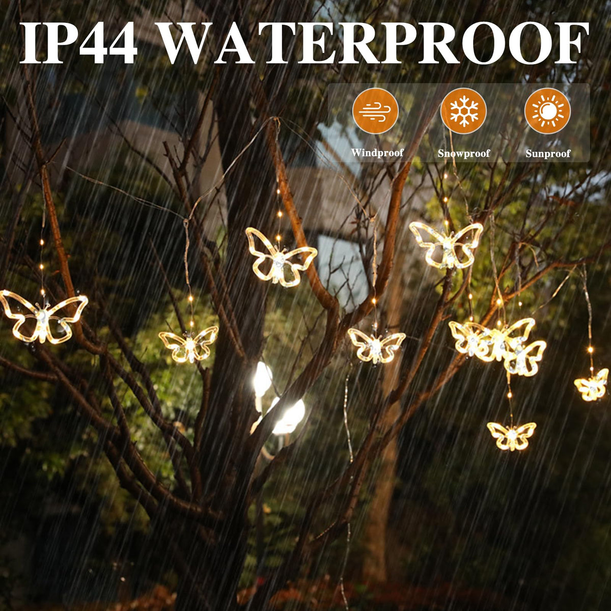Butterfly Solar String Lights 120 LED Weatherproof Curtain with 8 Modes & Hooks – Warm White