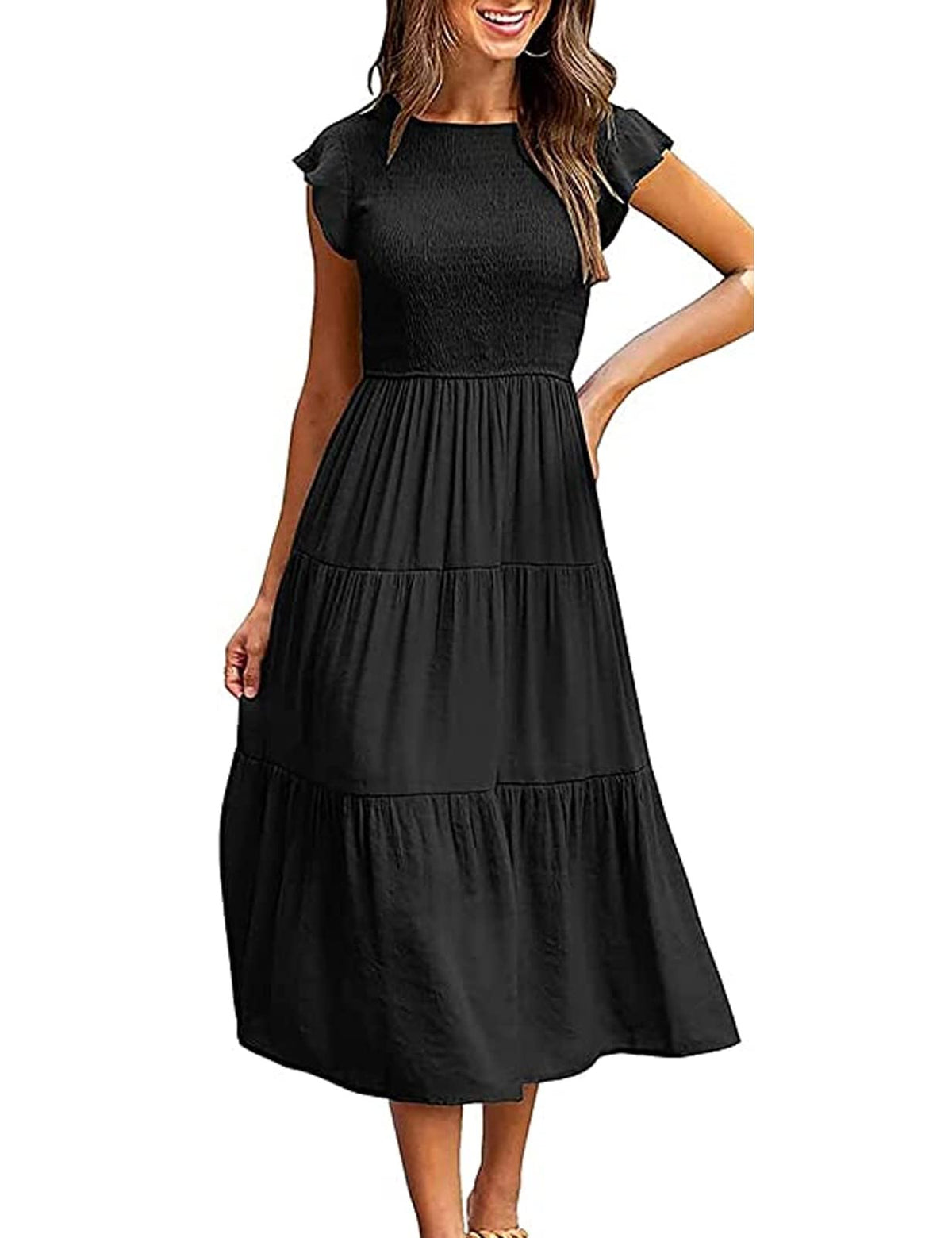 Yuson Girl Dress Women's Summer Dress Long Casual Round Neck Flutter Sleeve Maxi Dresses Summer Knee-Length Beach Dress Elastic Waist Long Dresses Tiered Ruffle A Line Dress (Black, XL)