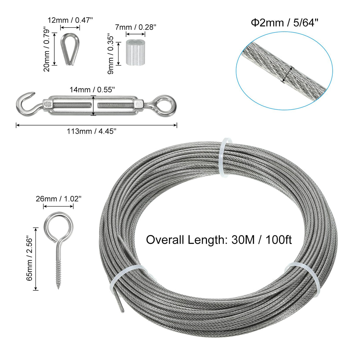 Stainless Steel Cable Set 5/64in with M5 Turnbuckle Hook & Eye – 100ft