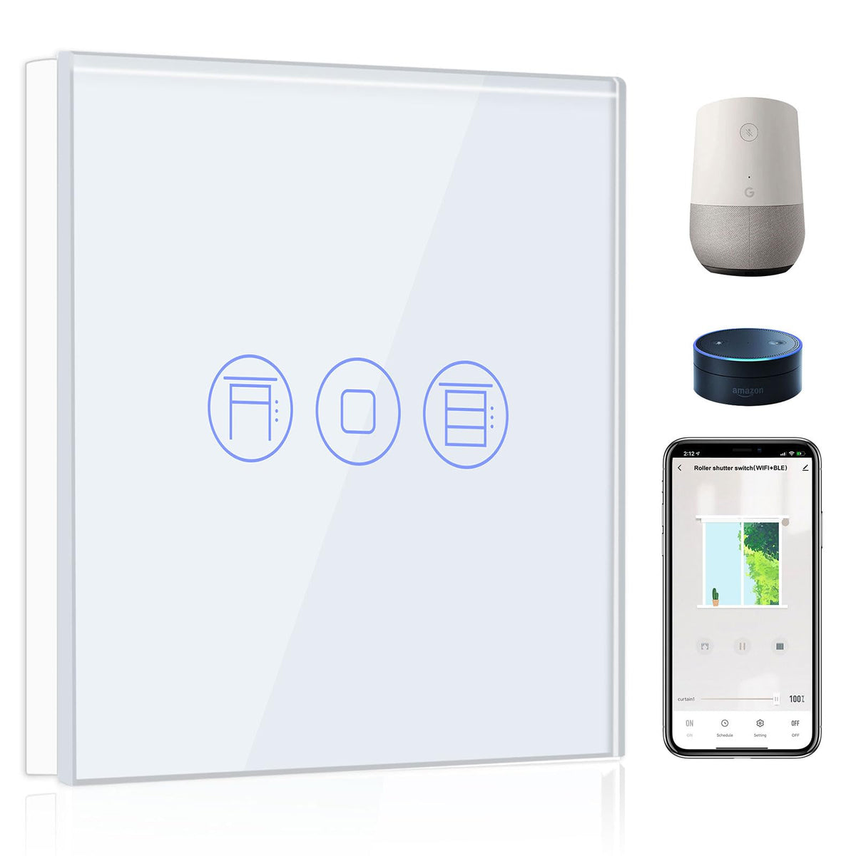 BSEED WiFi Smart Roller Shutter Switch, Remote Control and Timer Function with Smart Life/Tuya APP, Works with Alexa Echo and Google Home, WiFi Blind Switch with Touch Panel White