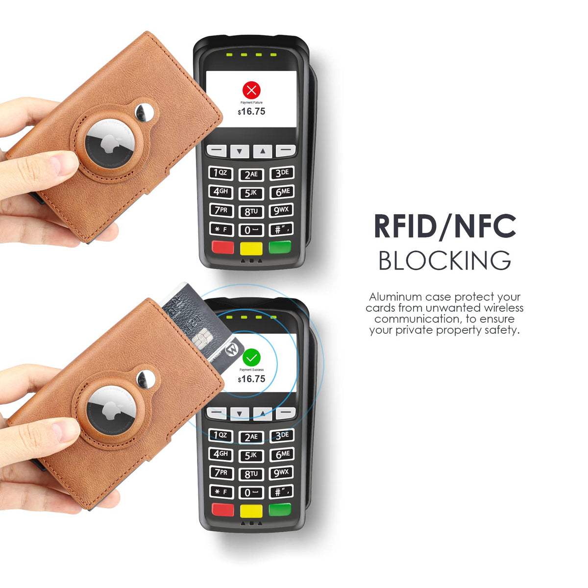 Portofel de carduri din piele cu mecanism pop-up protecție RFID și slot AirTag – Maro