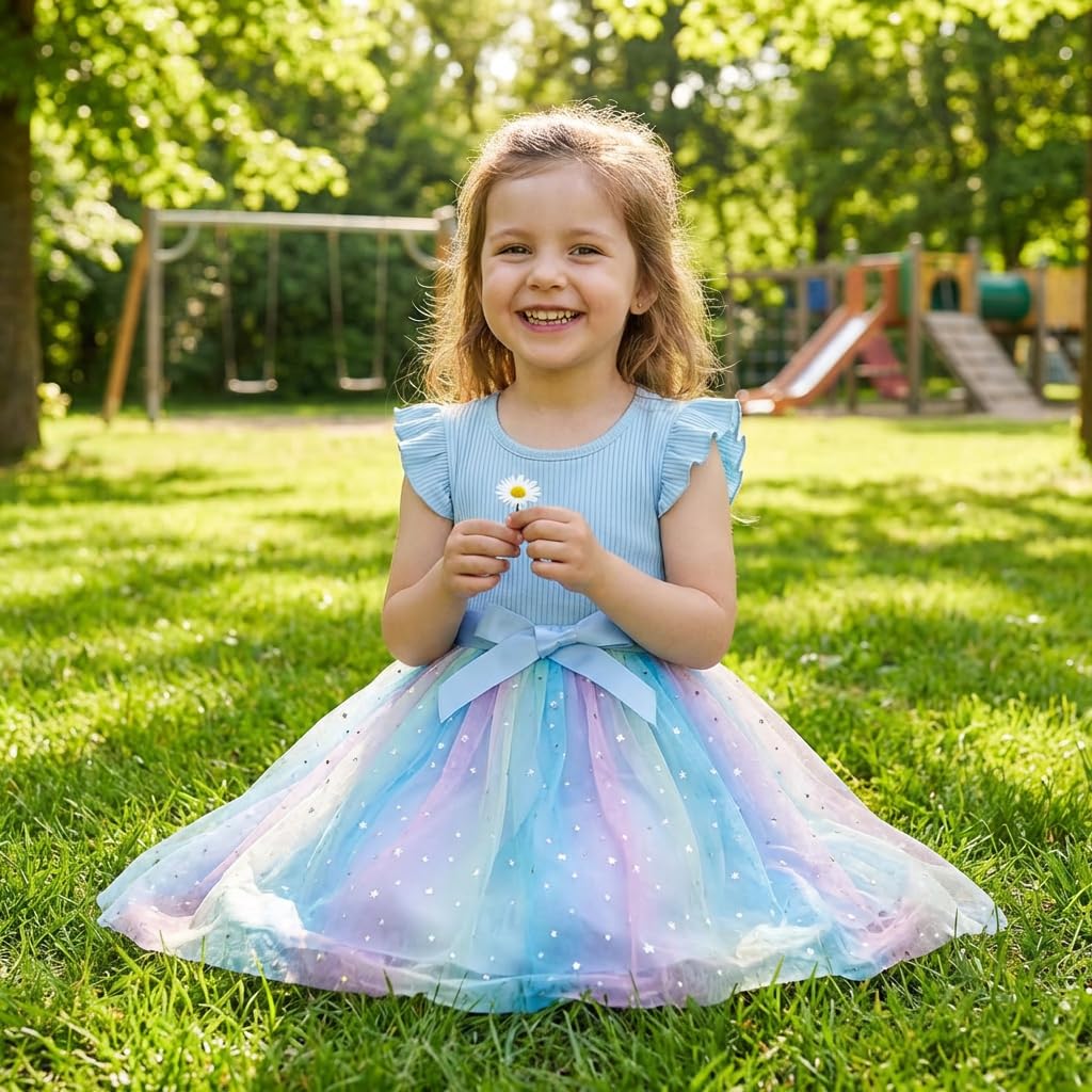 Girls' Ribbed Knit Tulle Dress with Sequins Flying Sleeves – Blue 5-6 yrs