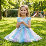 Girls' Ribbed Knit Tulle Dress with Sequins Flying Sleeves – Blue 5-6 yrs