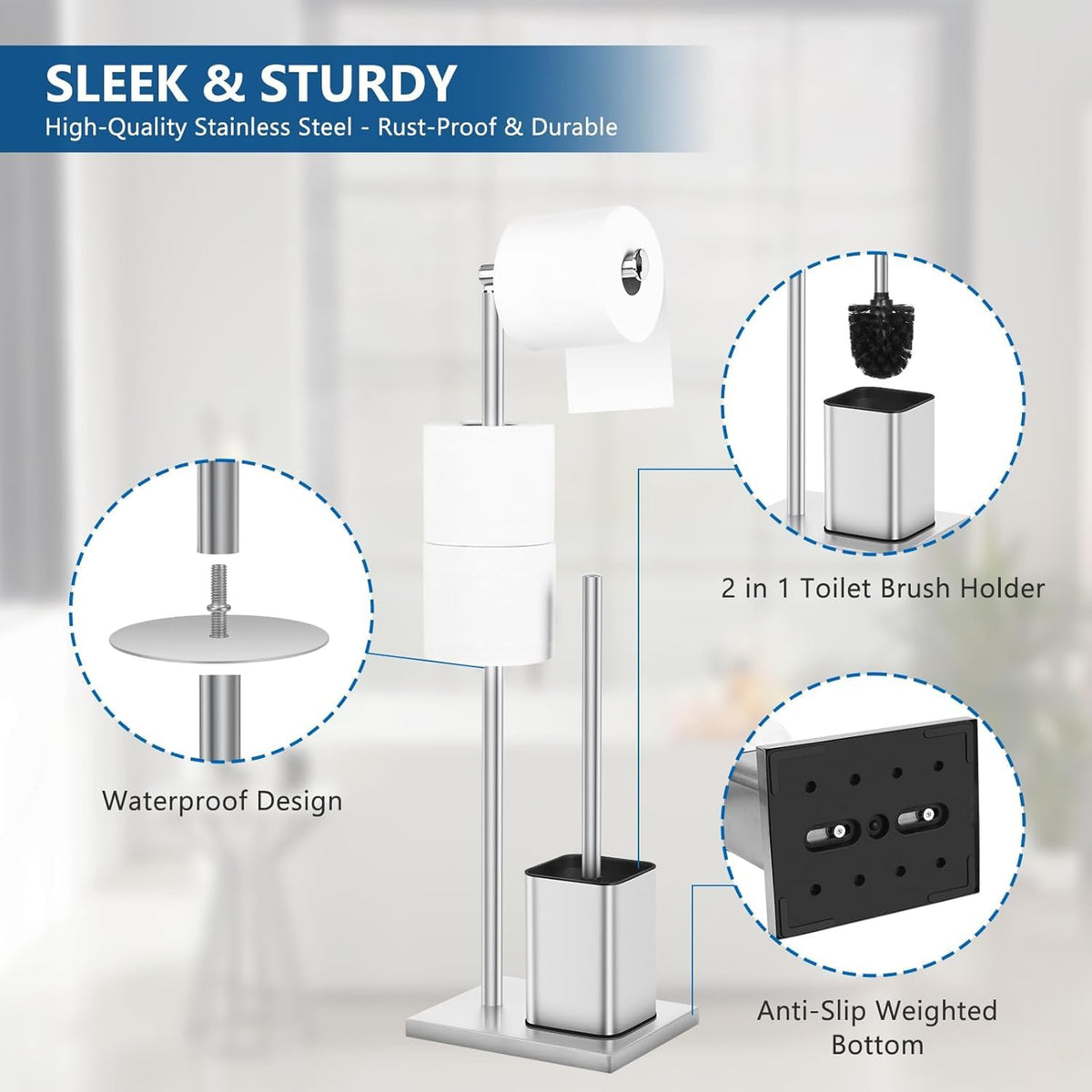 Freestanding Toilet Roll Holder with Brush Stainless Steel Storage Stand – Black