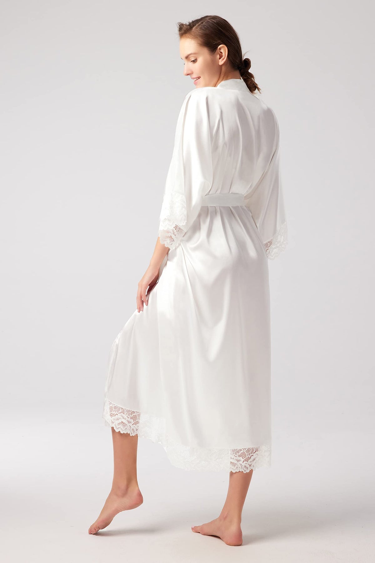 BABEYOND Women's Dressing Gown Long Short Solid Color Bathrobe Lace Sleeves Silk Satin Kimono Dress Ladies Summer Robe Pure Color Sleeping Coat (Long - White)
